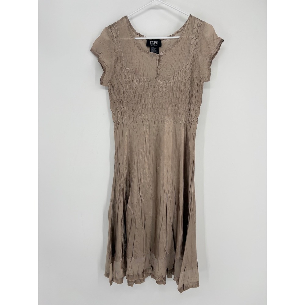 Expo Dress Womens L Champagne Smocked Pleated Crinkle Shimmer Midi y2k 90s